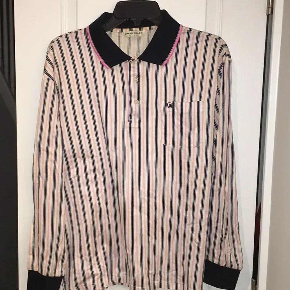 Omar Sharif Paris Pink stripe LS polo golf shirt M